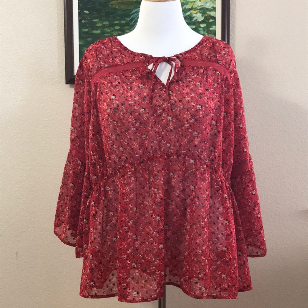 Lucky Brand red chiffon floral and polka dot top.